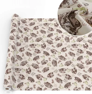 Produktbild von Tischdecke Teetime mit Tee und Kaffee aus Textil Tischtuch mit Beschichtung Tischwäsche English Beige Breite 140cm Länge 2000cm mit Schnittkante