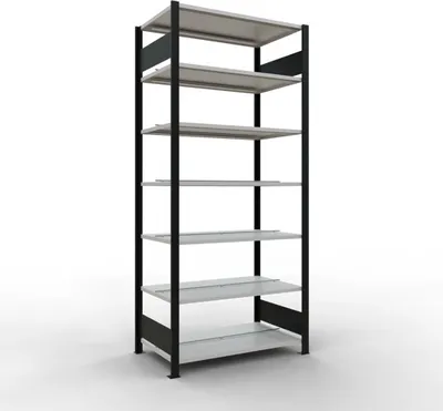 Produktbild von Schulte Büro-Fachbodenregal MULTIplus150 Stecksystem mit Mittelanschlag | Grundregal | Fachlast 150kg | 230x100x60cm | 7 Ebenen | Beidseitig nutzbar | Schwarz/Lichtgrau