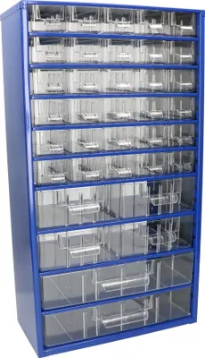 A blue metal cabinet with multiple clear plastic drawers for organizing small items.