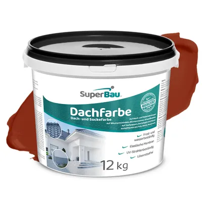 Produktbild von Superbau Dachfarbe Ziegelrot 12kg, Sockelfarbe WASSERDICHT, Fassadenfarbe für Außen, Dachbeschichtung für Blechdach, Bitumen, Dachpappe Schindeln Putz