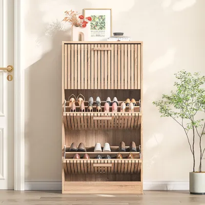 Produktbild von CDGlobal Schuhschrank mit Klappen, Schuhregal Schuhkipper Schmal, mit Fächern, Schuhschrank, Verstellbar, Anti-Kipp-Vorrichtung für Eingangsbereich, Flur, 60 x 24 x 113 cm