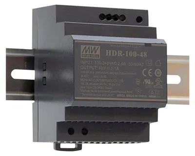 A black MEAN WELL HDR-100-48 power supply unit mounted on a DIN rail.