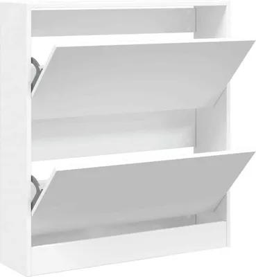 A white shoe cabinet with two open doors.