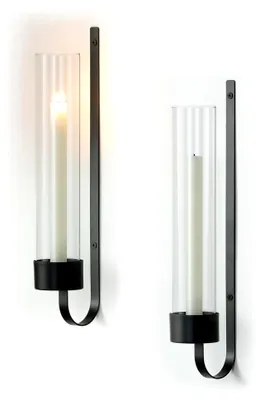 Produktbild von Wandkerzenhalter Schwarz: Metallkerzenständer für Stabkerzen, 2 Stück mit Glas Windlicht für Wohnzimmer, Schlafzimmer, Esszimmer und Außenbereich