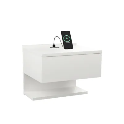 Produktbild von ComfortCove Nachtschrank – Schwebende Nachtkonsole mit USB & USB-C, Weiß Matt, 35 cm