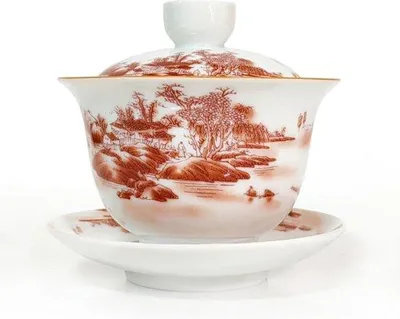 Obrázok produktu pre Čínska čajová kanvica, 200 ml, porcelán, červená, s tanierikom a viečkom