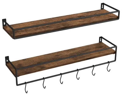 Obrázek produktu pro Závěsná police, sada 2 kusů s tyčí | Hnědá/černá | Rozměry: 60x15,5x5 cm a 60x15,5x9,4 cm