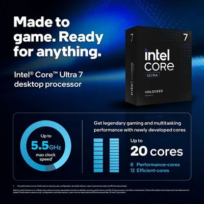 Produktbild von Intel Core Ultra 7 265KF, Intel Core Ultra 7, LGA 1851 (Socket V1), Box, Intel, 265KF, 64-Bit