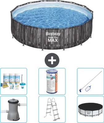 Produktbild von Bestway Round Steel Pro MAX Schwimmbad – Holzdruck – 427 x 107 cm – inklusive Pumpe – Leiter – Abdeckung Wartungspaket - Filter - Reinigungskit