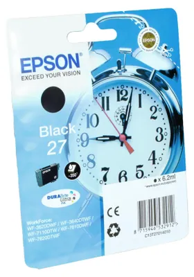 Produktbild von Epson Alarm clock Singlepack Black 27 DURABrite Ultra Ink, Standardertrag, Schwarz, Tinte auf Pigmentbasis, 6,2 ml, 1 Stück(e), 350 Seiten