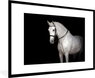 Produktbild von MuchoWow® MuchoWow® Gerahmtes Poster Pferd - Weiß - Schwarz 90x60 cm - Poster mit zchwarzem Bilderrahmen - Wanddekoration - Fotos