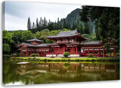 Produktbild von Leinwandbild japanischer tempel 90x60 cm Feeby grün wandbild bereit zum aufhängen