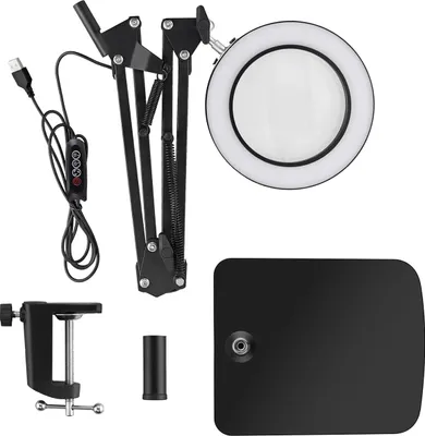 Produktbild von Lupe mit LED-Licht, Schreibtischlampe mit Sockel & Klemme, 3 Farbmodi, 10 Helligkeitsstufen, 4,2 Zoll, ideal zum Lesen, Arbeiten & Reparieren