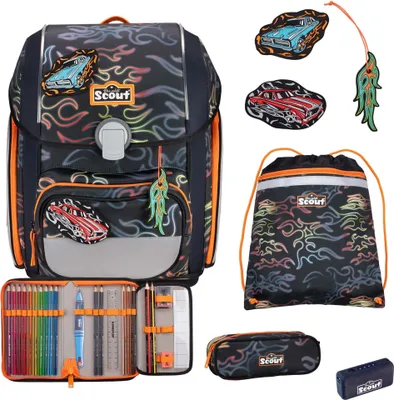 A collection of images showing a school backpack and its accessories, including a pencil case and a drawstring bag, all with a flame and car theme.