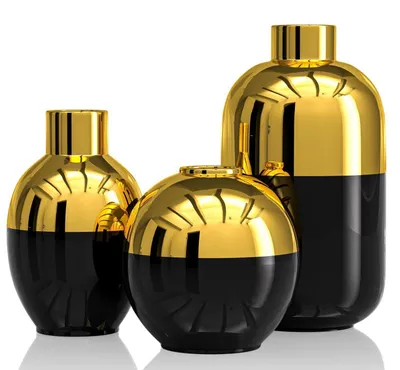 Image de Ensemble de 3 vases en céramique, dorés, de style moderne, ronds et décoratifs, pour salon, bureau ou mariage