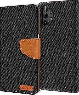 A black flip case for a Samsung Galaxy A32 5G phone, with a brown leather strap and a small brown logo on the front.