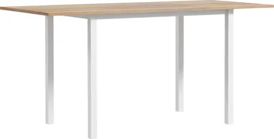 A product shot of a table with a wooden top and white legs, isolated on a white background.
