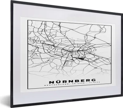 Produktbild von MuchoWow® Gerahmtes Poster Karte - Nürnberg - Karte - Stadtplan 40x30 cm - Poster mit Schwarzem Bilderrahmen Wandposter Rahmen Foto Bilder - Bilderrahmen - Poster im Rahmen