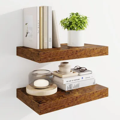 Immagine prodotto di Mensole sospese in legno, stile rustico, colore marrone, 40 cm, set da 2