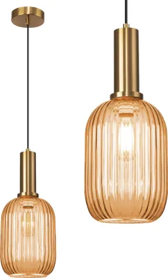 Two pendant lights with amber glass shades and gold metal accents are shown against a white background.