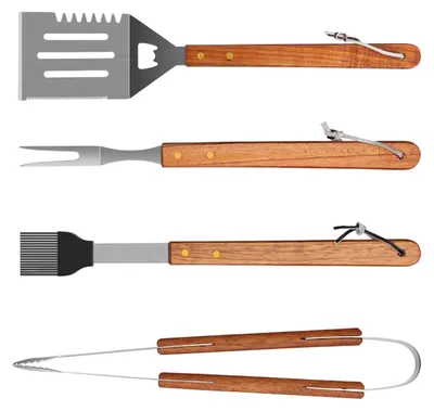 Produktbild von BBQ-Grillset mit Edelstahlwerkzeugen und Holzgriffen