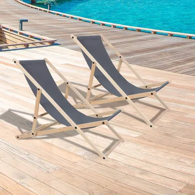 Produktbild von Jiubiaz Liegestuhl Klappbar Gartenstuhl Holz Sonnenliege Klappstuhl Campingstuhl Strand Grau 2 Stück