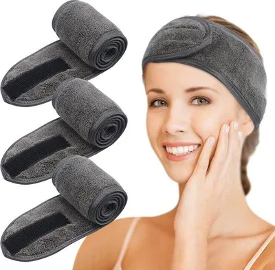 Produktbild von Unyqoos® Kosmetik-Stirnband aus Frottee/Mikrofaser, verstellbar mit Klettverschluss – 65×8 cm, 3er Set, Dunkelgrau, waschbar, schützt Haare bei Make-up, Sport & Spa