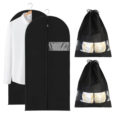 Image de 2 housses à vêtements (longues, 120 cm x 60 cm) et 2 housses à chaussures, housses pour costumes, housses de protection, housses à vêtements avec fermeture éclair, housses anti-mites pour costumes et chemises (noires)