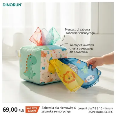 Zdjęcie produktu dla DINORUN Magic Tissue Box – Moja Pierwsza Sensoryczna Przygoda.Wiek: 6 miesięcy +