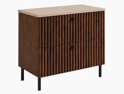 Image de Meuble de salle de bain sur pied avec plateau en chêne noyer et plateau en cachemire, poignées disponibles en trois couleurs, pieds noirs, dimensions : 80 x 44,4 x 73,6 cm, Image générée par une IA