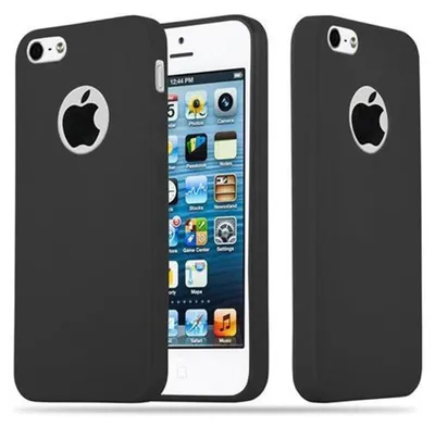 A black iPhone case is shown from the front and side, with an iPhone inside the case visible.