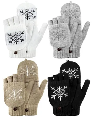 Immagine prodotto di Guanti da donna invernali, 4 paia, lavorati a maglia, senza dita, caldi, taglia unica, motivo a fiocchi di neve e rombi