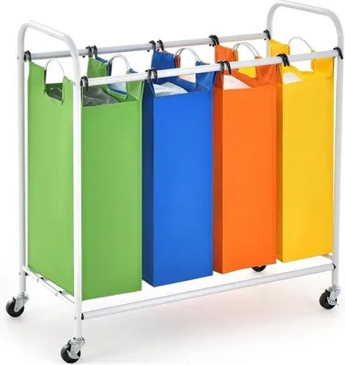 Produktbild von Famanu Wäschesortierer 4 Fächer - Wäschekorb 136 Liter - Wäschekorb mit Rollen - Doppelter Wäschekorb - 82 x 30 x 85 cm