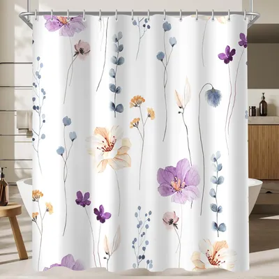 Image de Rideau de douche 120 x 200 cm, motif floral violet, ourlet lesté, résistant à la moisissure, hydrofuge, rideau de bain en polyester lavable, avec 8 anneaux et œillets, pour salle de bain et baignoire