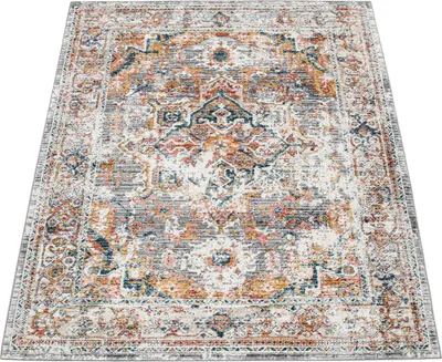Produktbild von Teppich Wohnzimmer Kurzflor Vintage Orient Muster Ornamente Bordüre Creme Grau Rot Grösse 60x100 cm