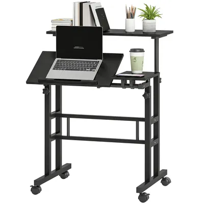 Produktbild von Steh-Sitz-Schreibtisch, h?henverstellbarer Schreibtisch 70 x 60 cm mit Rollen, neigbarer Tischplatte, schwarzes Metallgestell