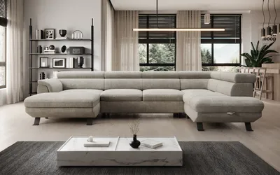 Zdjęcie produktu dla DomoHome ECKSOFA RAVEN XL - Narożnik z funkcją spania z wysuwanym łóżkiem, regulowane zagłówki, pojemnik na pościel, duża sofa 334x198x162 cm prawa strona Nata