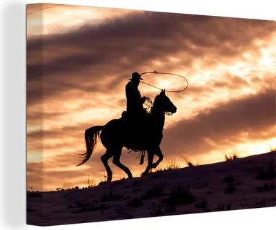 Produktbild von OneMillionCanvasses® - Leinwandbilder - 140x90 cm, Ein einsamer Cowboy bei Sonnenuntergang, Wandbilder Kunstdruck Wanddekoration