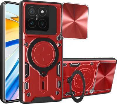 Produktbild von Handyhülle für Xiaomi 14T Dual-Layer Stoßfest Rüstung Hülle mit Dia Kameraschutz und Kreisförmig Ring Ständer Rot