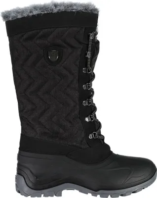 A single black winter boot shown against a white background.