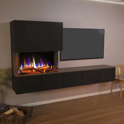 Produktbild von Glow Fire Wochnwand mit Elektrokamin 'CW5 + Deluxeholz' | LED Wandkamin in Schwarz/ Wenge mit Heizung (1500 W) | HxBxT: 250x139x42 cm
