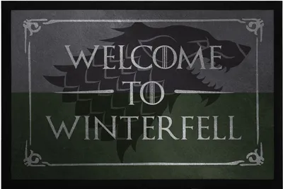 Produktbild von Fußmatte Spruch Welcome to Winterfell Willkommen Türmatte Wolf Serienfan Fantasy rutschfest & waschbar Moonworks® schwarz 60x40cm