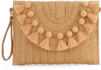 Produktbild von Strandtasche aus Sommergewebtem Stroh mit Schultergurten und Quasten, ideal für Strandurlaub und Reisen