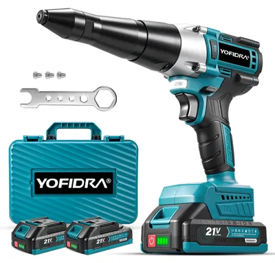 Zdjęcie produktu dla YOFIDRA, pistolet do nitowania akumulatorowy, 21 V, bezszczotkowy, siła 10 000 N, średnica nitu 3,2-4,8 mm, funkcja podawania i wycofania, 2 akumulatory i walizka, kolor niebieski