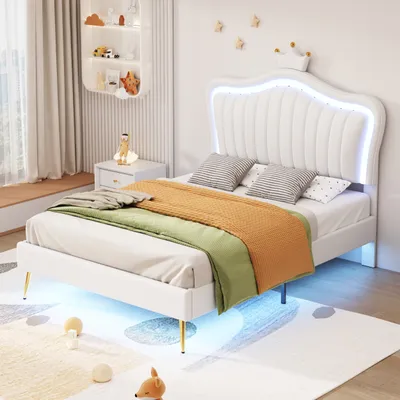 Produktbild von Fortuna-Lai Einzelbett Polsterbet 90 x 200 cm - Doppelbett aus Kunstleder mit LED-Lampen und Lattenrost und Kronenkopf (Frisur) für Teenager - Weiß