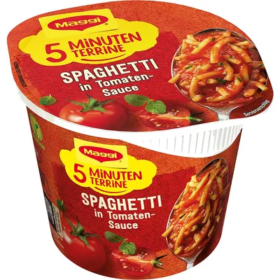 A product shot of a Maggi 5 Minuten Terrine Spaghetti in Tomaten Sauce.