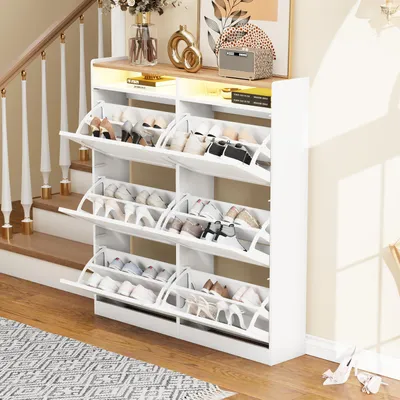 Produktbild von okwish Schuhschrank Flurschrank mit 6 Klappenfächern,Eingangsschrank mit LED Beleuchtung,Beistellschrank mit offenen Stauraumfächern,Weiß