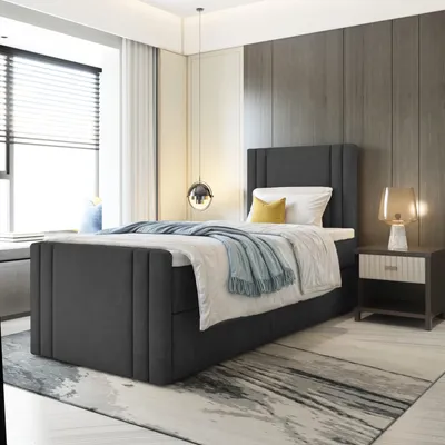 Produktbild von Kinderbett, Boxspringbett RALI MINI mit Fußteil und T25 Topper, Einzelbett, Stauraum, Schlafzimmer, Polsterbett, 80x200 cm. (Schwarz - Itaka 15)