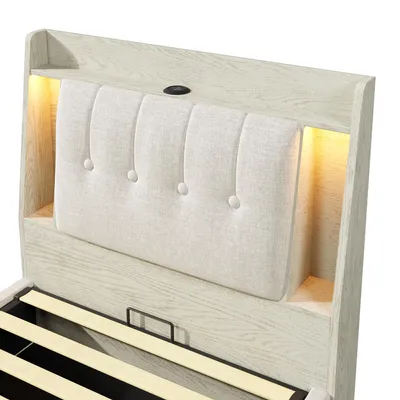 Produktbild von Flieks Hydraulisches Polsterbett 90x200cm mit Stauraumkopfteil, Einzelbett Jugendbett mit Led, Stauraumbett Holzbett mit Usb & Type-c, Leinen, Beige