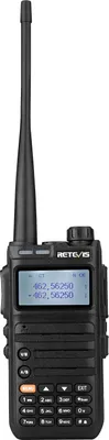 A black Retevis RA685 amateur radio is shown against a white background.